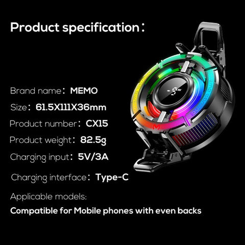 MEMO CX15 (5V) Mobile Cooler Phone Radiator RGB Lightening 2 Gear Magnetic Phone Cooler for PUBG and Different Games
