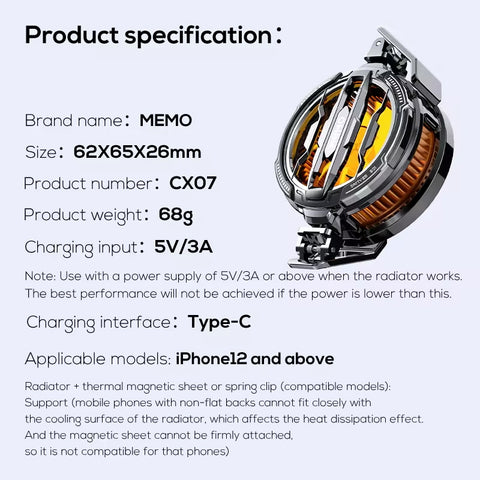 MEMO CX07 Magnetic Phone Radiator Phone Cooling Fan Case Cold Wind Handle Fan for PUBG Phone Cooler Phone Cooling Fan Case