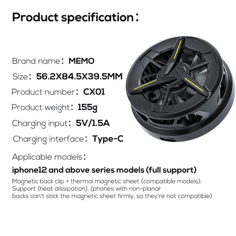 MEMO CX01 Magnetic Phone cooler Phone Radiator Phone Cooling Fan Case Cold Wind Handle Fan for PUBG Phone Cooler Phone Cooling Fan Case