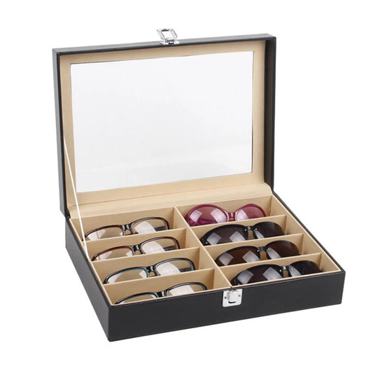 8-Compartment Black Faux Leather Glasses Storage Box with Clear Lid - Modern Multi-Slot Sunglass Holder, Protective Display Case for Men & Women, Durable Eyewear Organizer with Accessories Section, Smart Glasses Storage