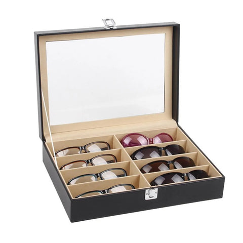 8-Compartment Black Faux Leather Glasses Storage Box with Clear Lid - Modern Multi-Slot Sunglass Holder, Protective Display Case for Men & Women, Durable Eyewear Organizer with Accessories Section, Smart Glasses Storage