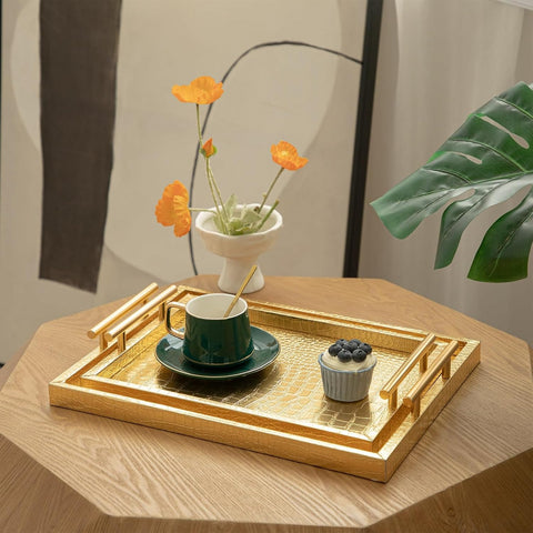 Set of 2 Modern Elegant Large Wood Serving Tray, Rectangle Decorative Tray Ottoman Tay Coffee Table Tray, Gold Crocodile Leather with Golden Polished Metal Handles