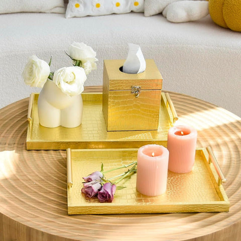 Set of 2 Modern Elegant Large Wood Serving Tray, Rectangle Decorative Tray Ottoman Tay Coffee Table Tray, Gold Crocodile Leather with Golden Polished Metal Handles