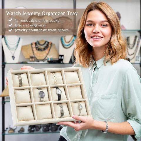 12 Slots Grids Velvet Watch Tray Jewelry Organizer Stackable Watch Bracelet Bangle Display Holder Adjustable Pillow