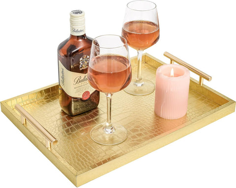 Set of 2 Modern Elegant Large Wood Serving Tray, Rectangle Decorative Tray Ottoman Tay Coffee Table Tray, Gold Crocodile Leather with Golden Polished Metal Handles
