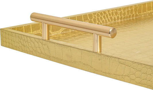 Set of 2 Modern Elegant Large Wood Serving Tray, Rectangle Decorative Tray Ottoman Tay Coffee Table Tray, Gold Crocodile Leather with Golden Polished Metal Handles