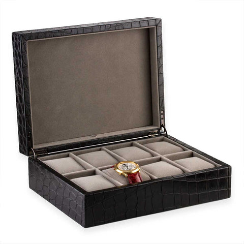 Leather watch box - Watch case for 8 watches - Black alligator