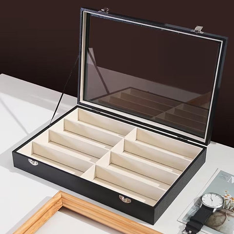 8-Compartment Black Faux Leather Glasses Storage Box with Clear Lid - Modern Multi-Slot Sunglass Holder, Protective Display Case for Men & Women, Durable Eyewear Organizer with Accessories Section, Smart Glasses Storage
