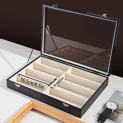 8-Compartment Black Faux Leather Glasses Storage Box with Clear Lid - Modern Multi-Slot Sunglass Holder, Protective Display Case for Men & Women, Durable Eyewear Organizer with Accessories Section, Smart Glasses Storage