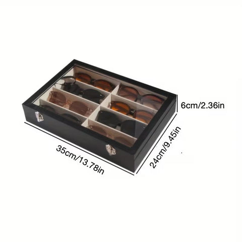 8-Compartment Black Faux Leather Glasses Storage Box with Clear Lid - Modern Multi-Slot Sunglass Holder, Protective Display Case for Men & Women, Durable Eyewear Organizer with Accessories Section, Smart Glasses Storage