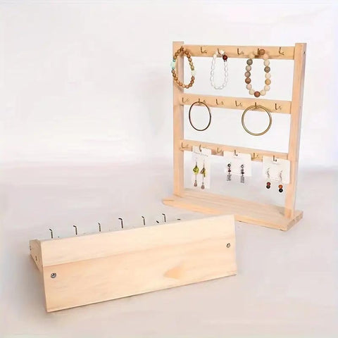 Wood Jewelry Display Stand – Pendant, Necklace & Earrings Holder with Hooks | Desktop Jewelry Organizer