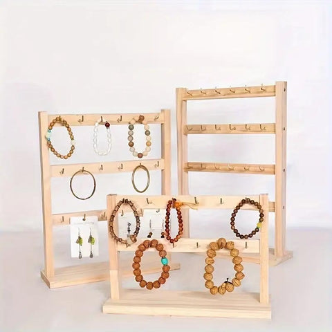 Wood Jewelry Display Stand – Pendant, Necklace & Earrings Holder with Hooks | Desktop Jewelry Organizer