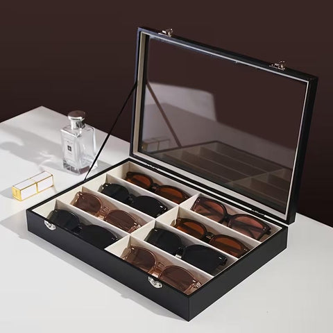 8-Compartment Black Faux Leather Glasses Storage Box with Clear Lid - Modern Multi-Slot Sunglass Holder, Protective Display Case for Men & Women, Durable Eyewear Organizer with Accessories Section, Smart Glasses Storage
