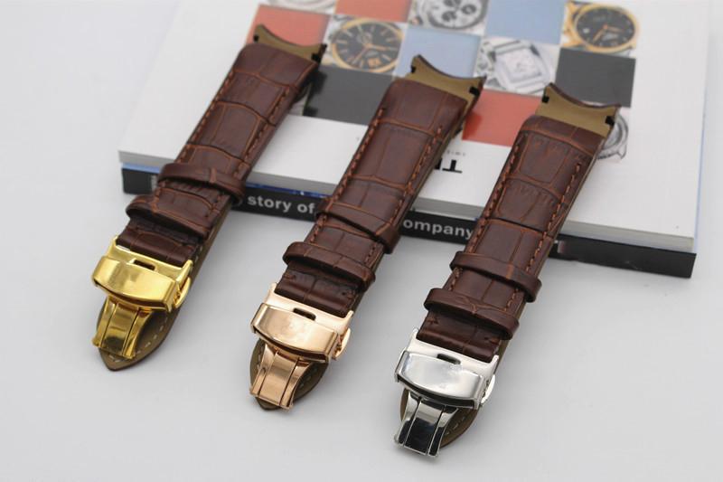 Replacement 22mm Width Curved Genuine Leather Watch Band With Stainless ...